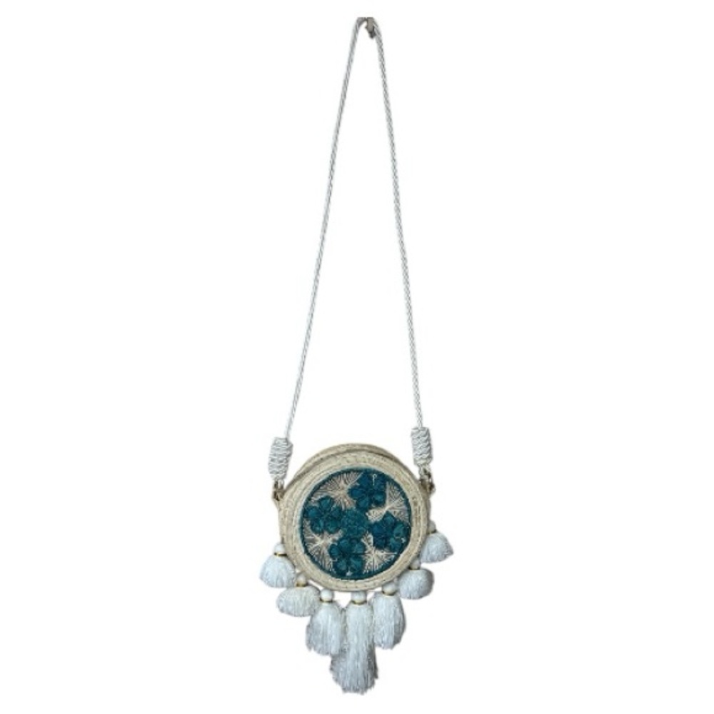 Boho Round Woven Crossbody Bag with Tassels | Teal Embroidery